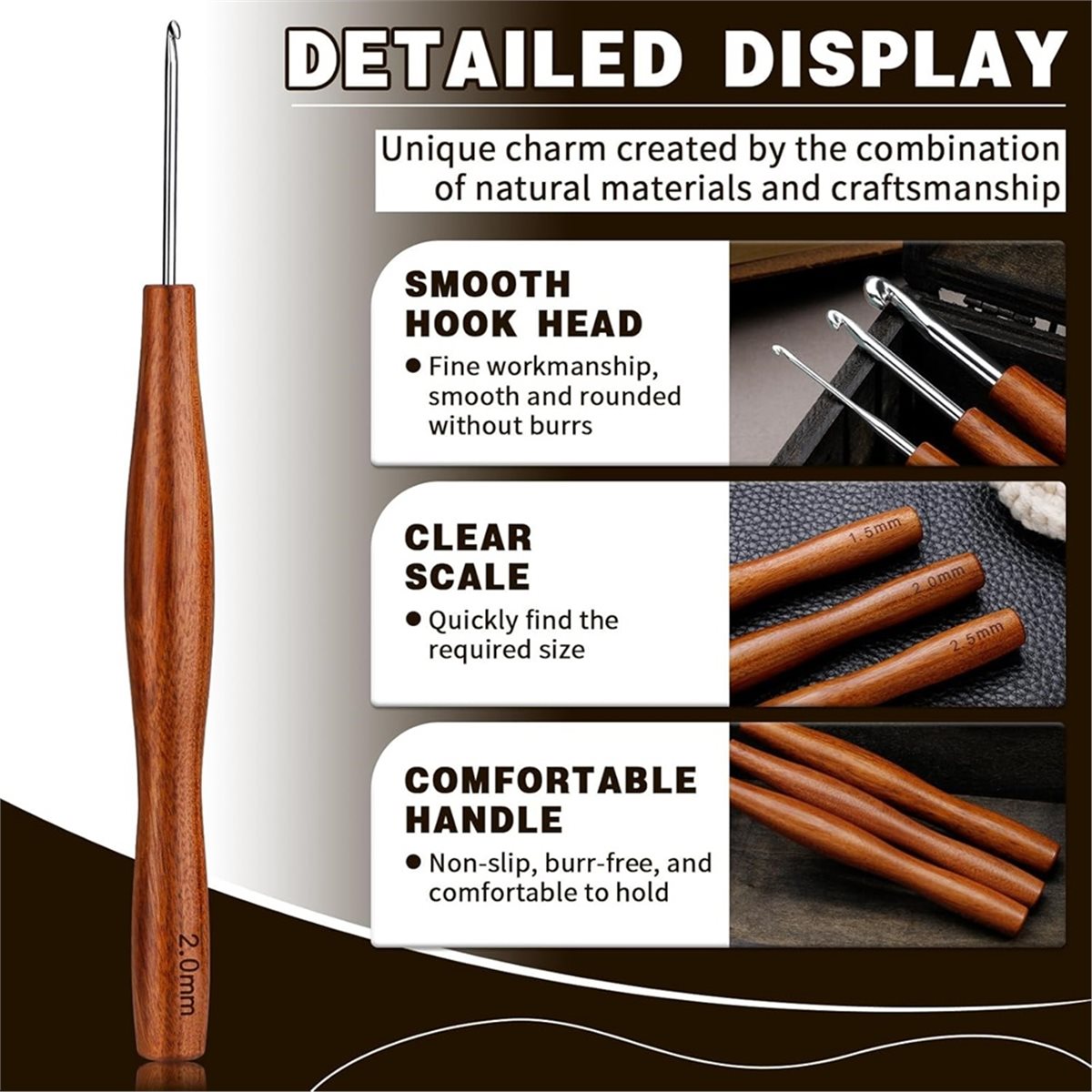 Wooden Crochet Hooks Ergonomic Handle - 5 sztuk haczyków do szydełkowania, 5
